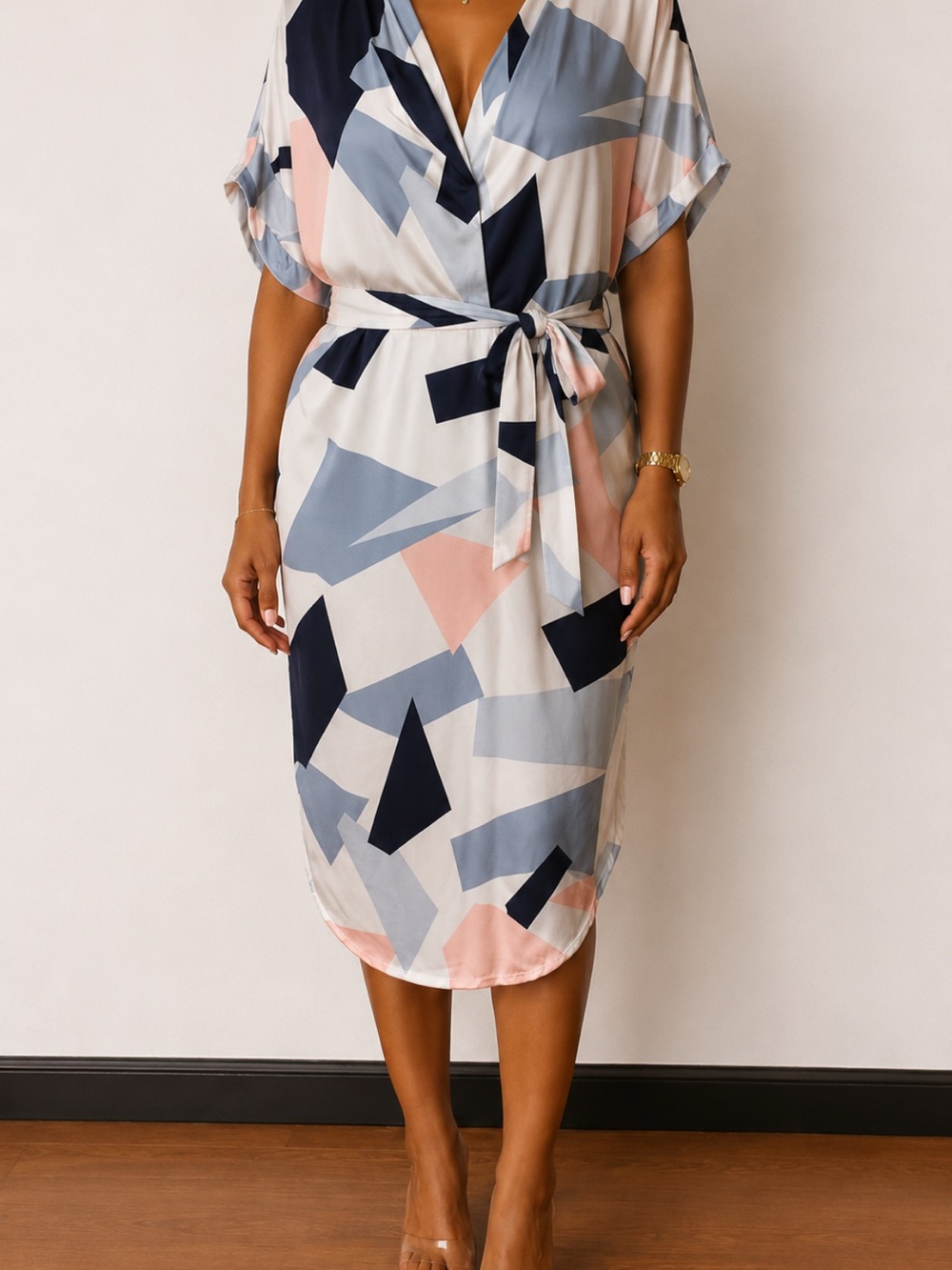 Geometric Print V-Neck Belted Midi Dress in Blush, Navy & Gray